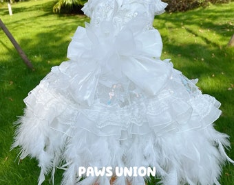 Wedding Dog Dress White Gown, Feather Luxury Tulle Dress for Dogs Cats, Princess Costume Dog Birthday Outfit, Custom Pet Clothes