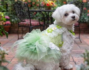 Green Fairy Wings Dog Halloween Costume, Mint Tulle Tutu with Daisy Trim, Woodland Pet Fancy Dress