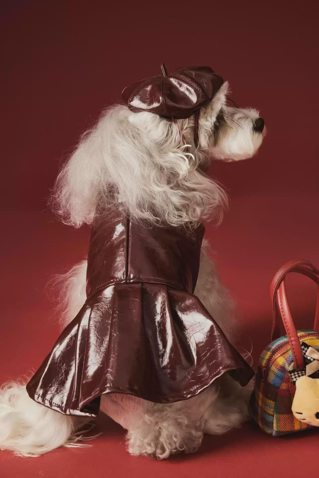 burgundy dog dress Faux Leather With Rhinestone Fringe Collar | Shiny Vinyl Glamour Gown for Small Dogs | Holiday Party Pet Outfit Willow Light Blue Strapless Honey Maple this stunning handmade burgundy COLOR:BLACK