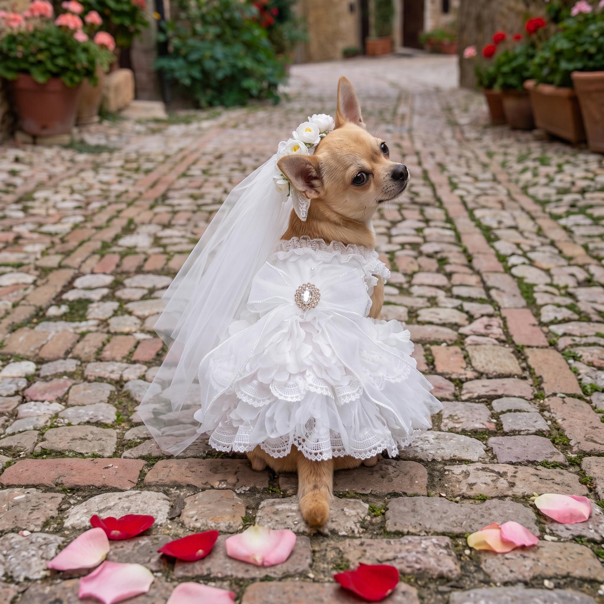 chihuahua bridesmaid dresses White Lace Dog Wedding Dress with Veil, Bride Pet Outfit with Headband, Chapel Style Body 40 cm