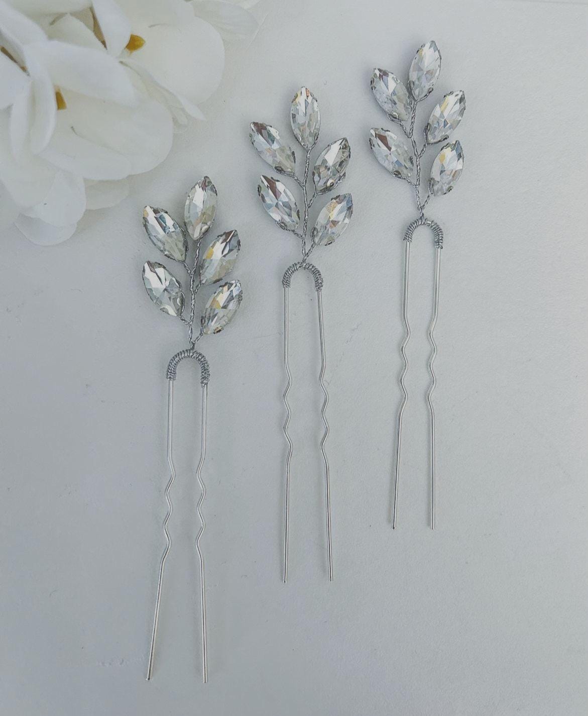 Silver Rhinestone Hair Pins - Set of 3 Wedding Crystal Hair  display picture 2