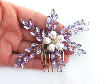 Lilac Purple Rhinestone Hair Comb: Lavendar Gold Pearl Wedding Hair Accessory