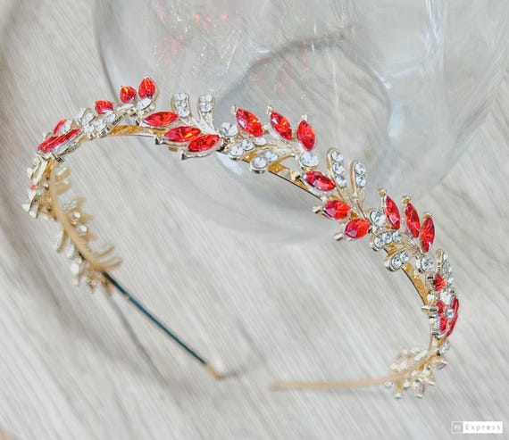 Red Rhinestone Bridal Headband: Gold Crystal Wedding Tiara 