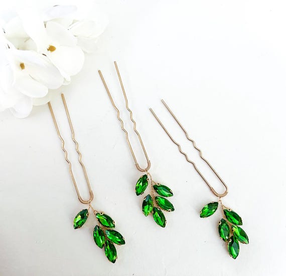 Green Rhinestone Hair Pins - Gold Wedding Hair Accessories  display picture 3