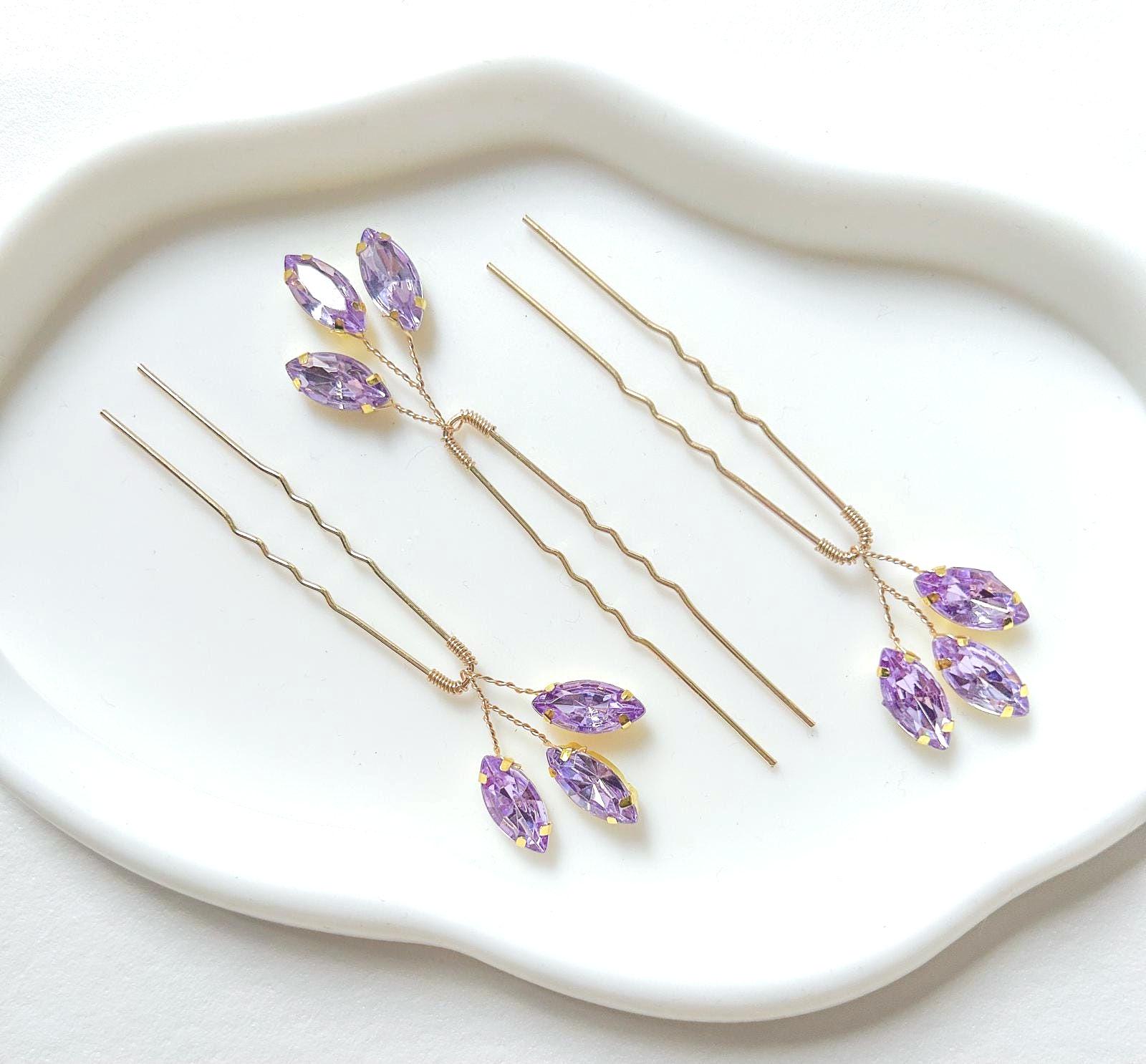Purple Rhinestone Gold Hair Pins: Bridal Hair Jewelry, Set  display picture 3