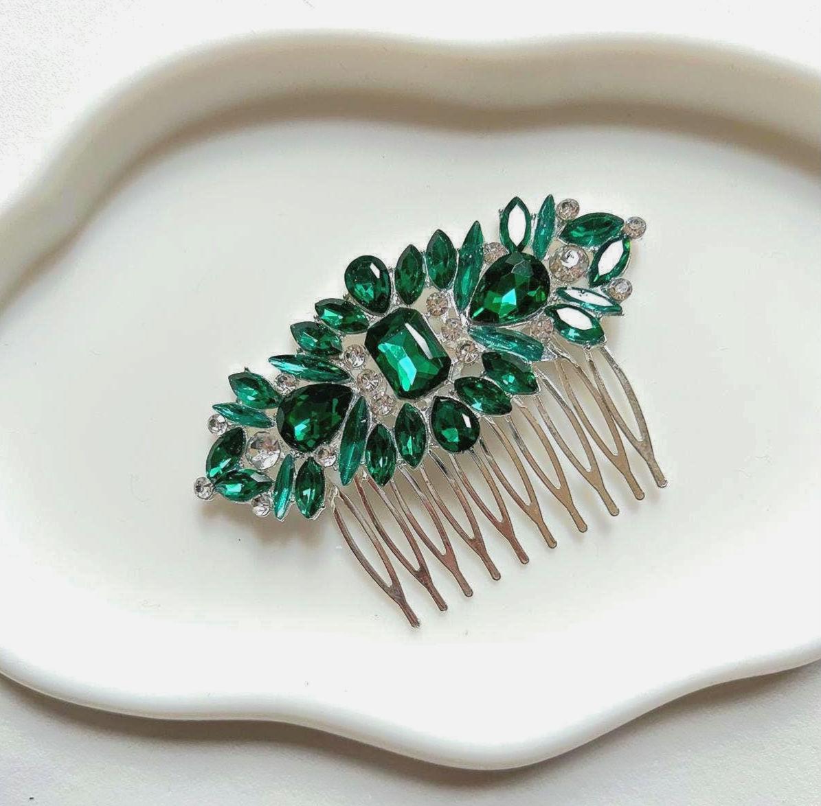 Peigne De Tête Doré Vintage Avec Strass Et Cabochon Vert émeraude - Style Diadème