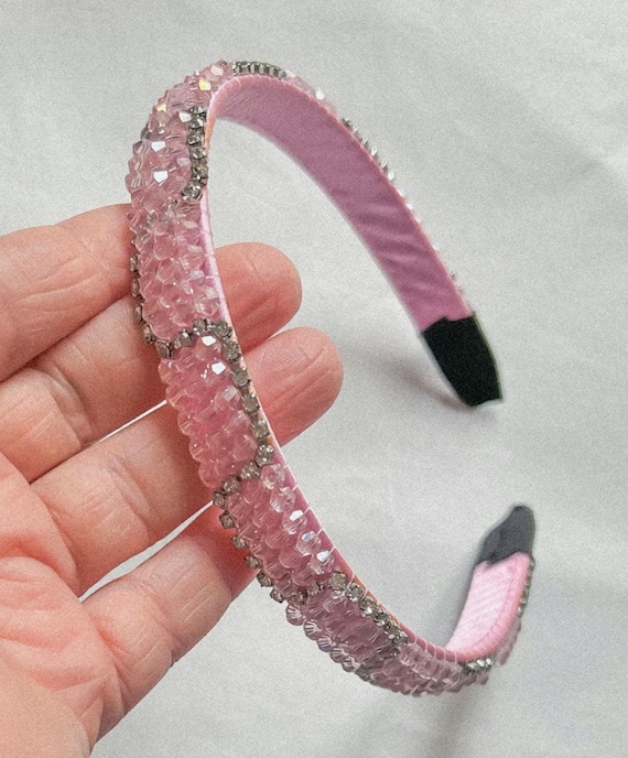 Baby Pink Bead Head Band, Wedding Light Pink Silver Diamante