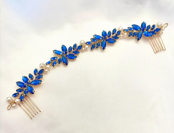 Bridal Blue Rhinestone Hair Comb: Sapphire Crystal Pearl  display picture 3