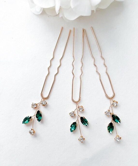Emerald Rhinestone Hair Pins - Set of 3 Gold Wedding Hair  display picture 1