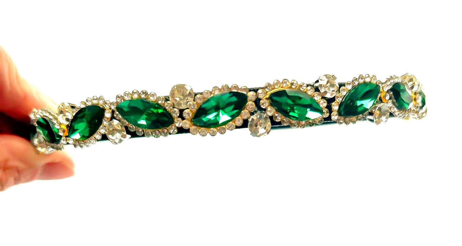Dark Green Rhinestone Headband: Sparkly Gold Diamante on 
