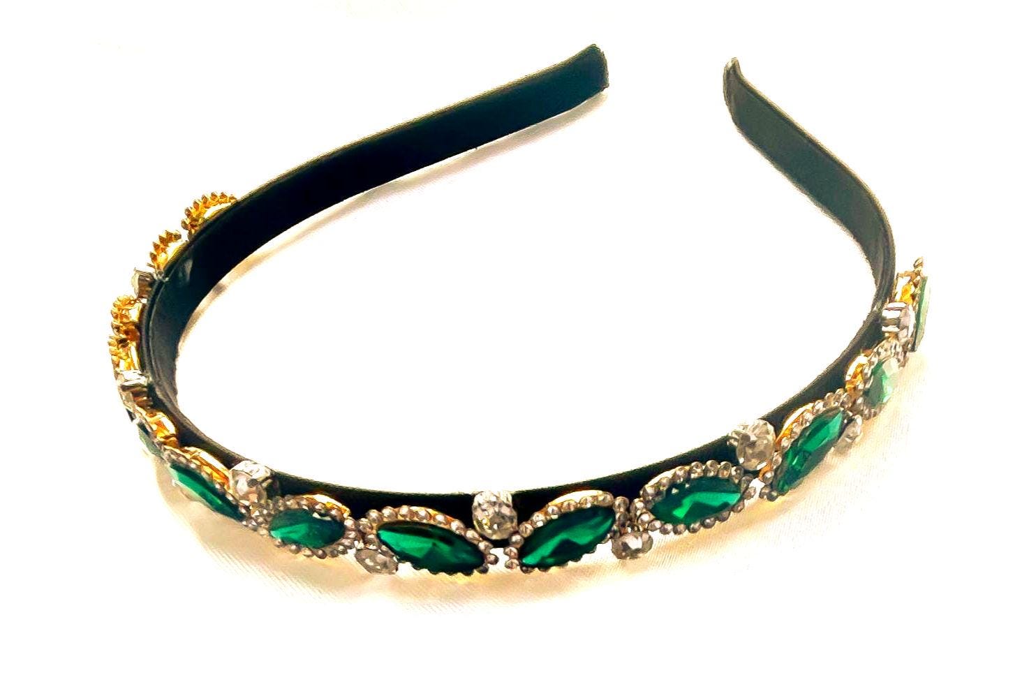 Stunning Dark Green All Crystal Sparkling Headband In Excellent Condition Dark Green Rhinestone Headband: Sparkly Gold Diamante on  main image 2