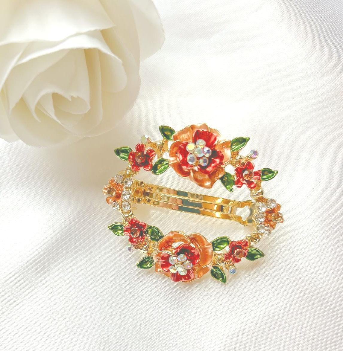 Wire Snap Barrette with Crystal/Flowers Oval Ring Oval Crystal Flower Barrette – Soho Style main image 4