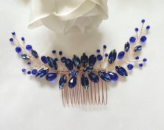 Royal Blue Rhinestone Hair Comb: Bridal Blue Gold Hair Accessory