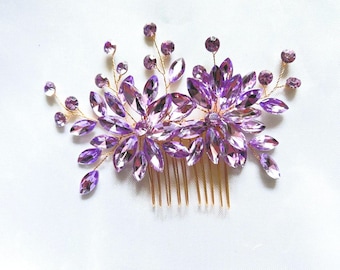 Purple Crystal Wedding Hair Comb: Bridal Purple Gold Hair Accessory