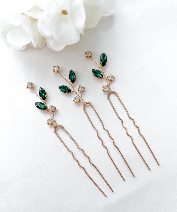 Emerald Rhinestone Hair Pins - Set of 3 Gold Wedding Hair  display picture 2