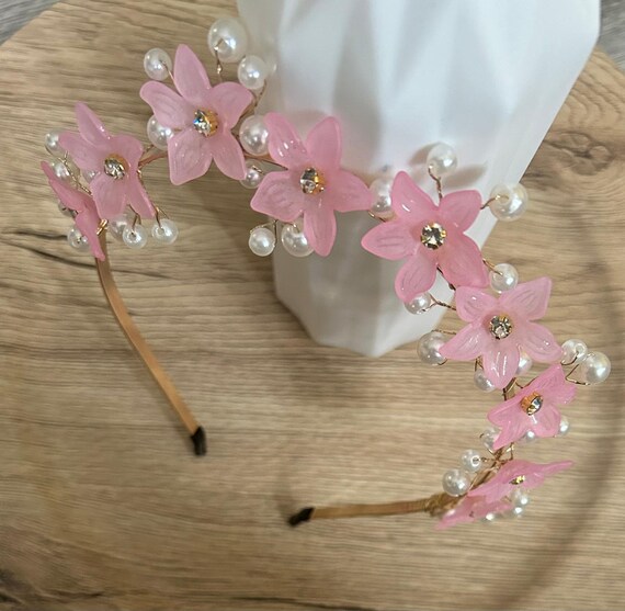 Pink Flower Headband, Gold Pearl Crystal Hair Band, Wedding  display picture 2