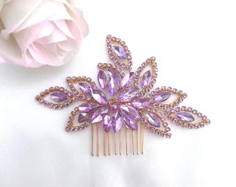 Wedding Lilac Crystal Flower Hair Comb: Bridal Purple Gold Hair Clip