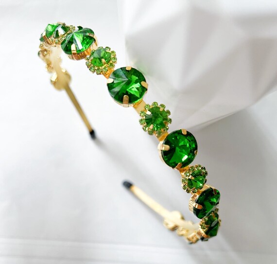 Olive Green Crystal Gold Headband, Wedding Hair Accessory  display picture 1
