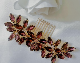 Dark red burgundy rhinestone hairslide, wedding shiny dark red gold decorative hair comb, bride bridesmaid hair clip, women hair accessories