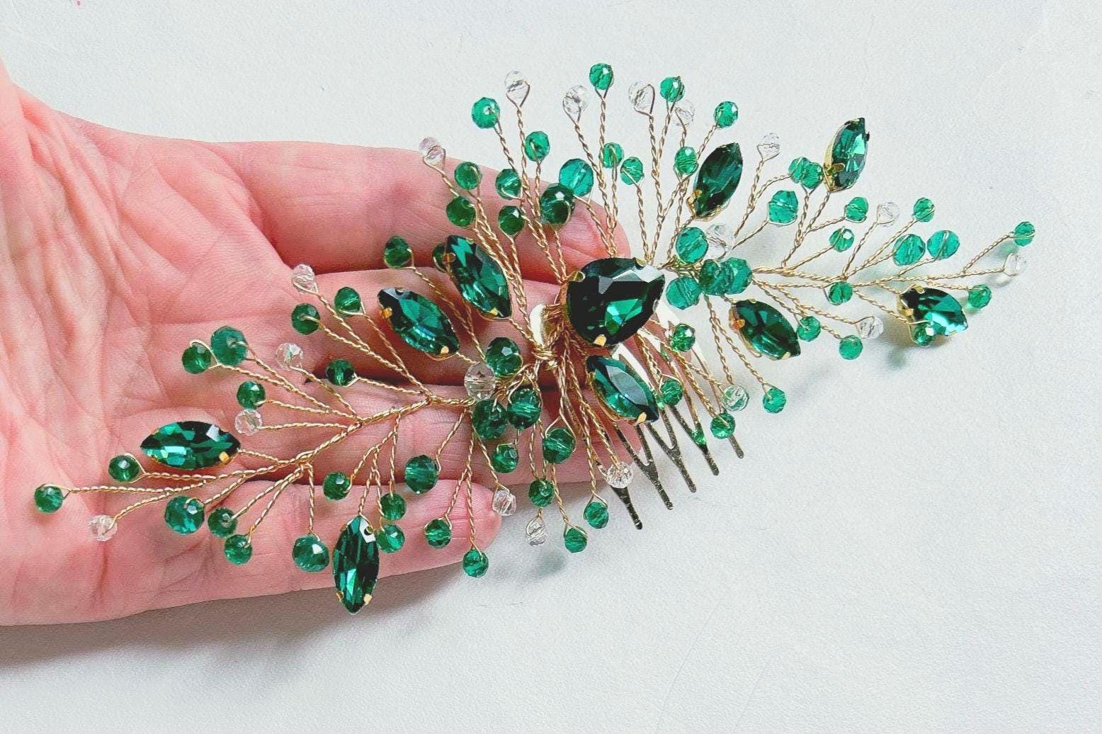 Wedding day emerald rhinestone gold hairslide, decorative crystal bhairpiece, bridal dark green flower hair comb, women occasions hair decor