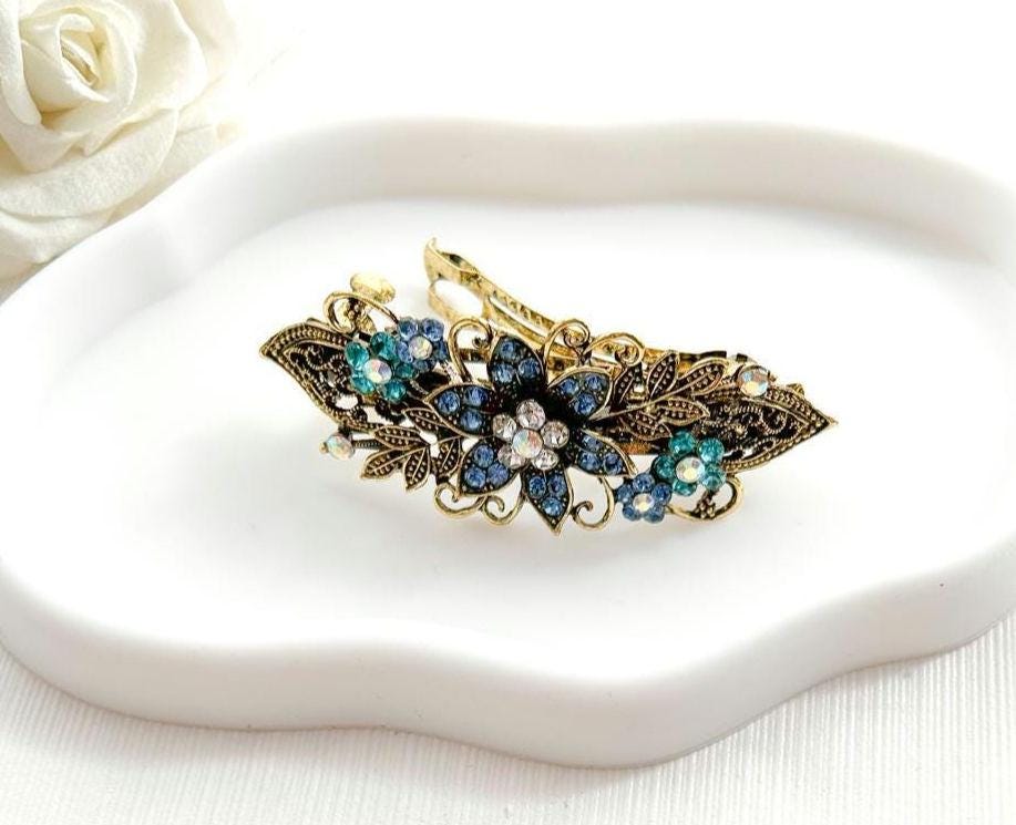 Teal Rhinestone Hair Clips - 2 Piece Floral Crystal Bobby Pins For Special Occasions