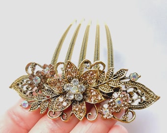 Chocolate Brown Crystal Flower Hair Comb: Antique Bronze Wedding Hair Accessory