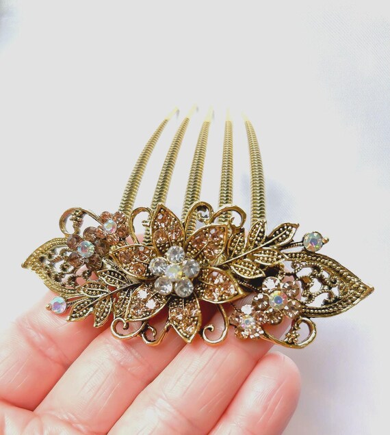 Chocolate Brown Crystal Flower Hair Comb: Antique Bronze 