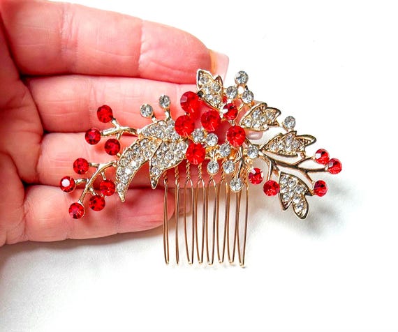 Red Crystal Leaf Hair Comb: Gold Wedding Hair Accessories - Etsy display picture 2
