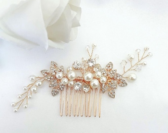 Bridal Gold Crystal Pearl Hair Comb:Wedding Gold Leaf Hair Accessory