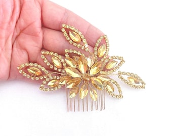 Wedding Dark Yellow  Crystal Flower Hair Comb: Bridal Mustard Yellow Hair Clip