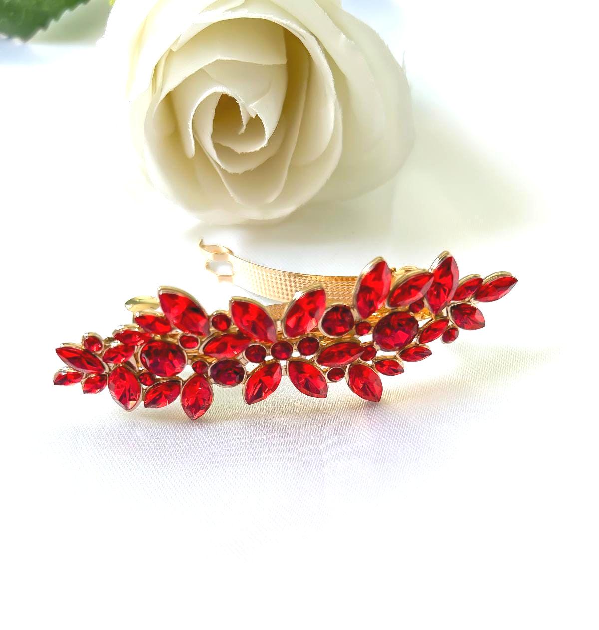 Grande Barrette à Cheveux En Bois Peint Main - Motif Fleurs Russes - #30s