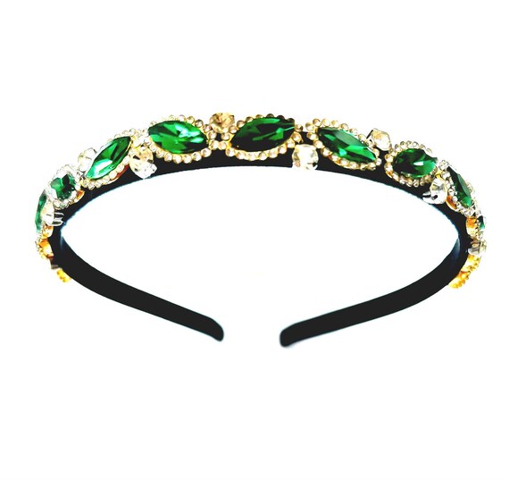 Dark Green Rhinestone Headband: Sparkly Gold Diamante on  display picture 1