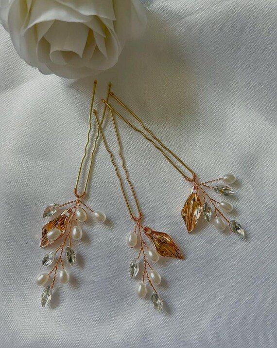 Gold Leaf Pearl Crystal Hair Pins - Bridal Hair Accessories  display picture 2