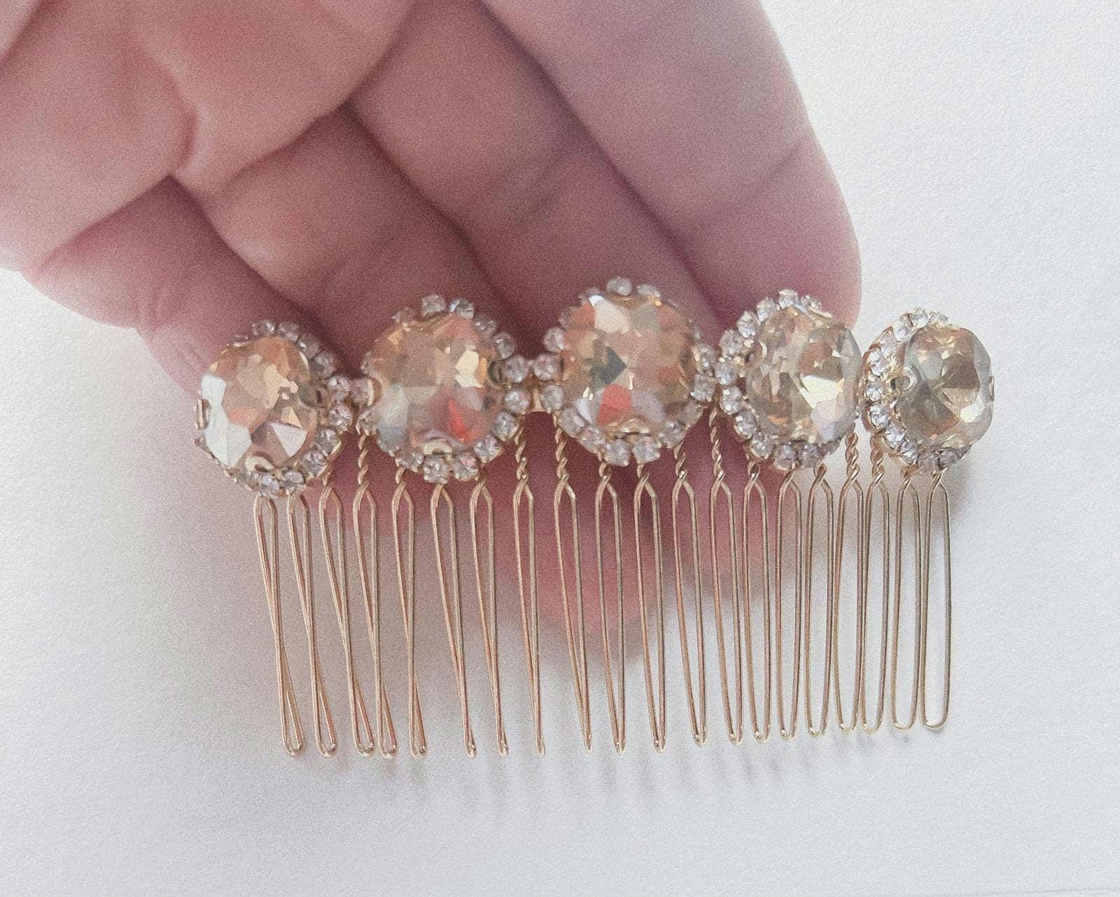 Large Rhinestone Wedding Hair Comb Bridal Side Accessory Champagne Ivory and Co Gold Crystal Encrusted Sparkling Hair Comb main image 2