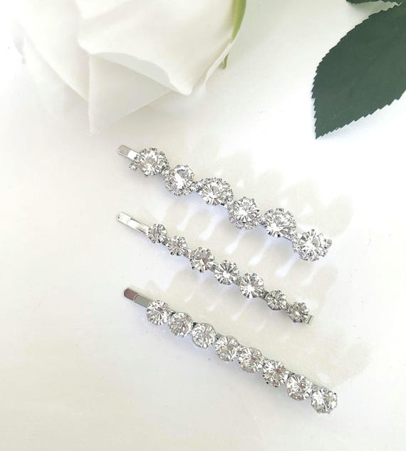 Silver Crystal Bobby Pins: Bridal Hair Slides, Set of 3 - Etsy display picture 2