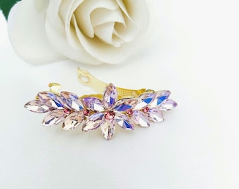 Pinza para el cabello con pedrería en tono rosa: Pasador de novia rosa bebé dorado