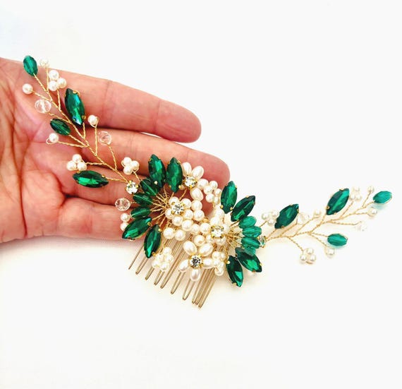 Emerald Green Rhinestone Hair Comb: Gold Pearl Floral Hair  display picture 1