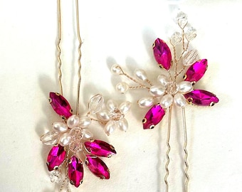 Pink Crystal Hair Pins: Bridal Gold Pearl Hair Slides (Set of 2)