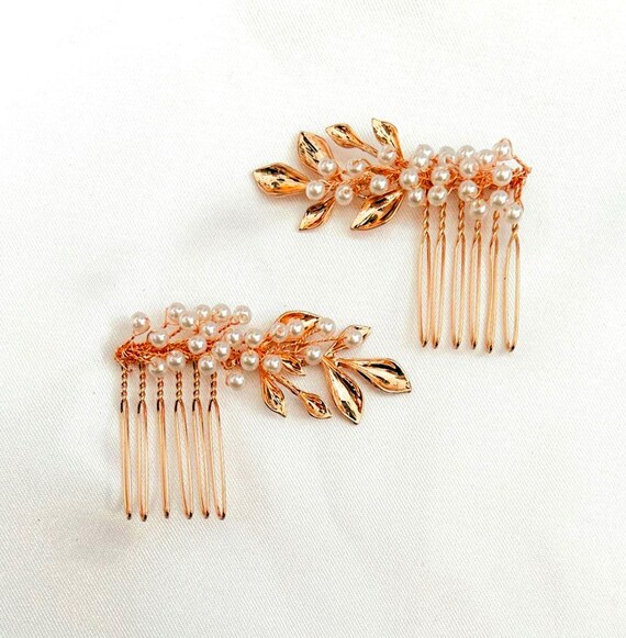 Gold Leaf Pearl Hair Slides: Bridal Hair Accessories, Set of  display picture 2