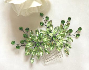 Olive Green Crystal Wedding Hair Comb: Bridal Green Silver Hair Accessory