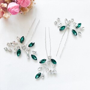 Silver and Green Jeweled Hair Clip Flower Hair Clip Silver Green Rhinestone Bride Wedding Hair  main image 3