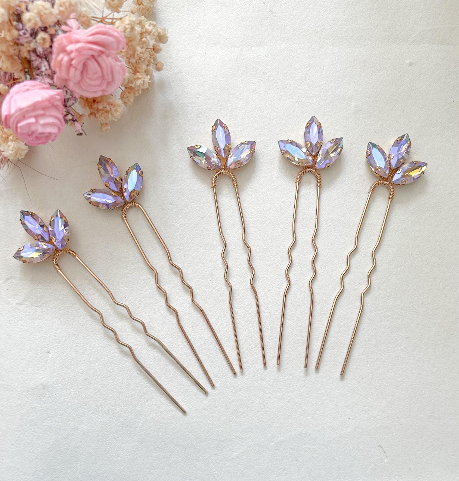 Set of 5 Amethyst Crystal Gold Hair Pins for Brides, Bridesmaids, Galas Bridal Light Amethyst Crystal Pearl Hair Clips Set of Five  main image 2