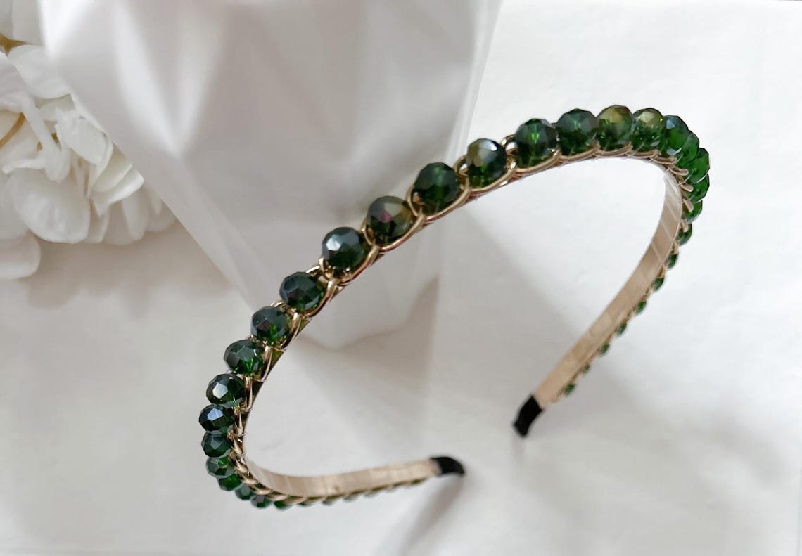 CROWN Glass Crystal Beads Headband In Emerald Green