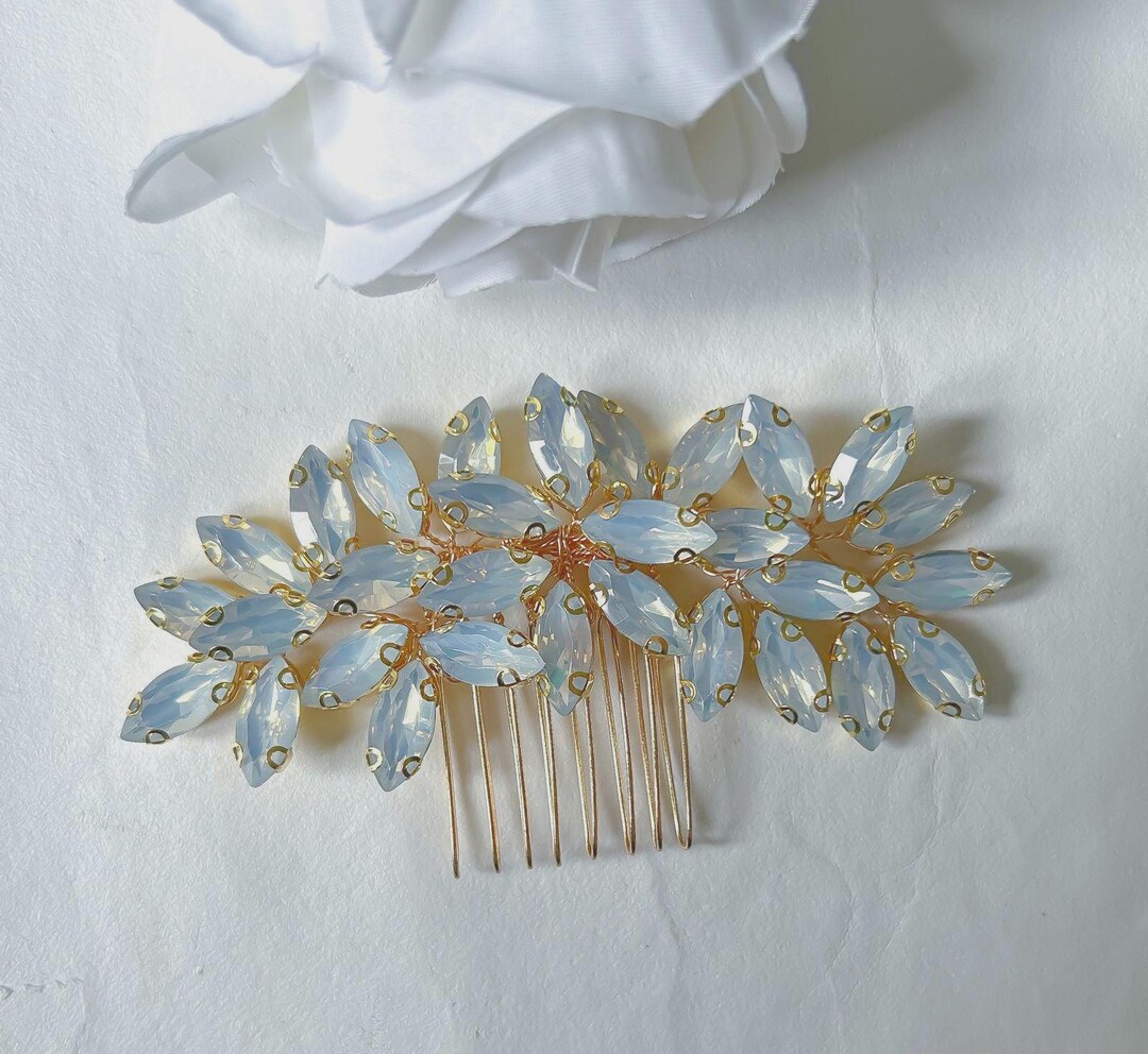 Opal Rhinestone Hair Comb: Baby Blue & Gold Wedding Hair  display picture 2