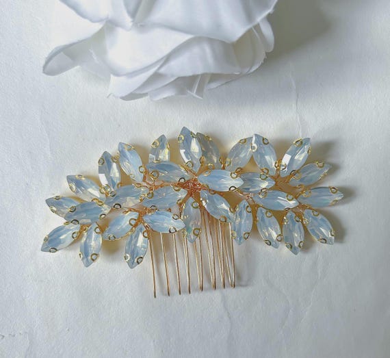 Opal Rhinestone Hair Comb: Baby Blue & Gold Wedding Hair  display picture 3