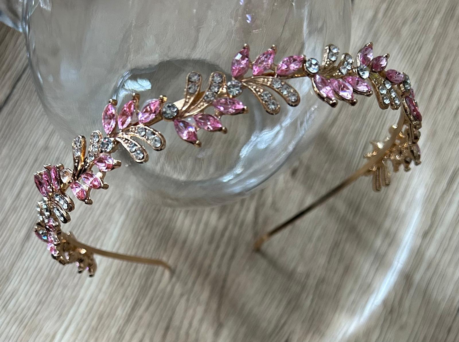 Rose-Pink Jeweled Tiara Headband Blushing Crystals Beaded Tiara main image 4