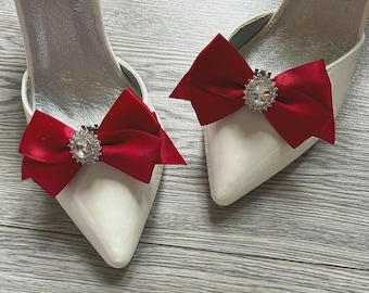 Red Satin Knot Bow Shoe Clips: Silver Crystal Bridal Buckles