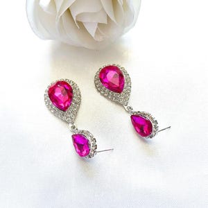 Bright Pink Teardrop Crystal Dangle Earrings, Silver Diamante Wedding Jewelry