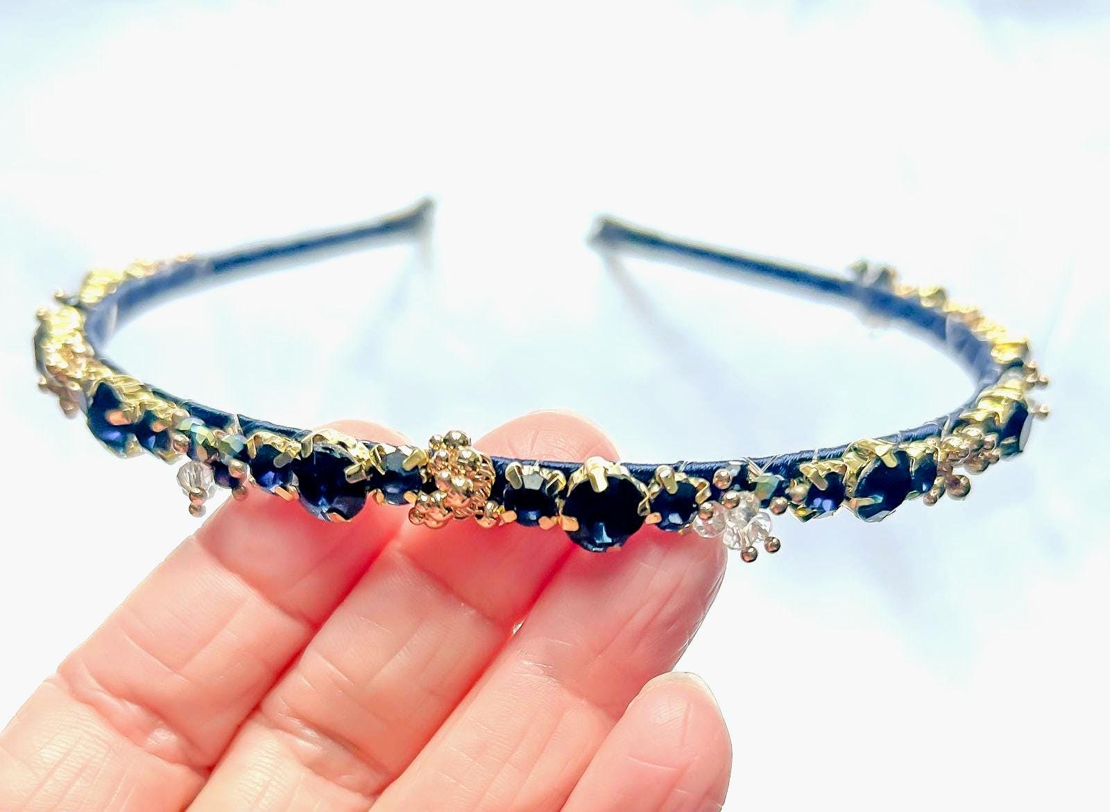 Dark Blue Crystal Headband: Wedding Navy Blue Gold Hair  display picture 2