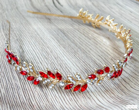Americana Headband - Crystal Headband in Sparkling Ruby Red Glam Leaf Headband Hairband made with Swarovski Crystal  main image 3